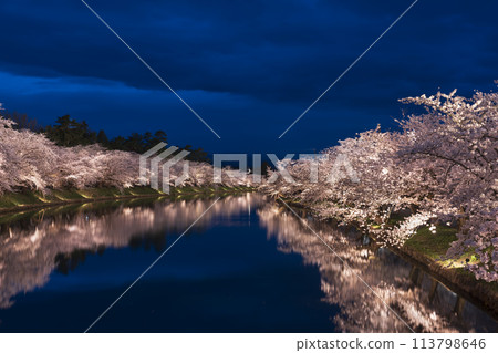 櫻花盛開,弘前城西護城河燈火通明 櫻花盛開,弘前城西護城河燈火通明 113798646