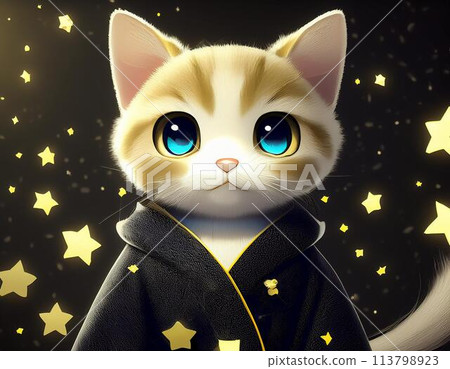 黑暗中，穿著日式禮服的貓被光包裹著 113798923