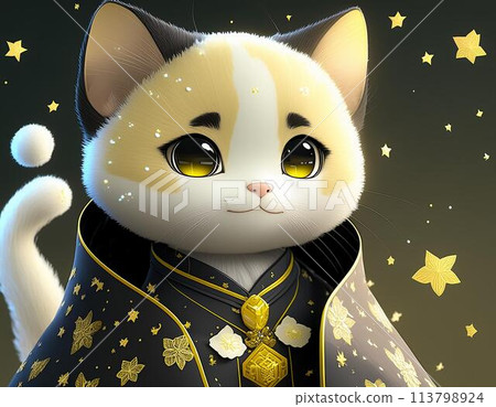 黑暗中，穿著日式禮服的貓被光包裹著 113798924