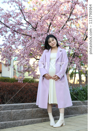 Spring maternity photo pregnant woman cherry blossom Spring maternity photo pregnant woman cherry blossom 113798964