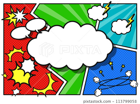 A fun background frame with cloud-shaped speech bubbles and American comic-style panels. A4 size A fun background frame with cloud-shaped speech bubbles and American comic-style panels. A4 size 113799058