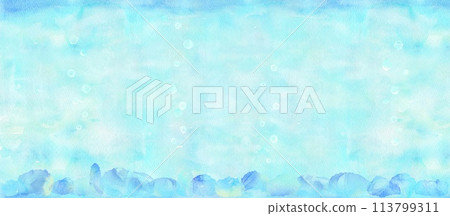 從海底升起的氣泡的水彩插圖。藍色背景上的酷背景材料。 113799311