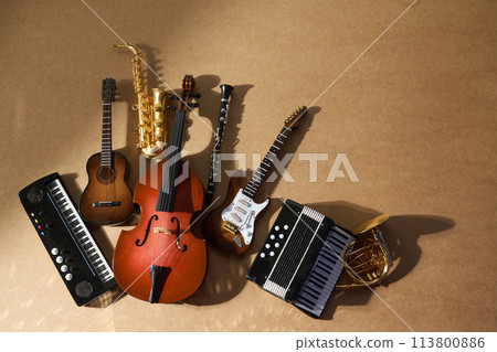 World music day. Assortment of Musical Instruments 113800886
