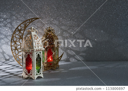 Ramadan Kareem. golden moon and lantern on glowing background for Holy month Ramadan celebration 113800897