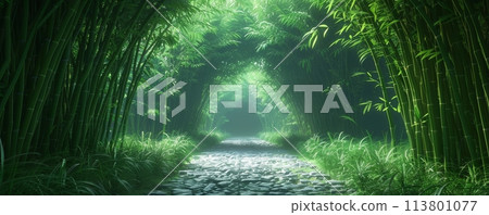 Mystical green bamboo forest pathway with sunlight filtering through dense foliage Mystical green bamboo forest pathway with sunlight filtering through dense foliage 113801077