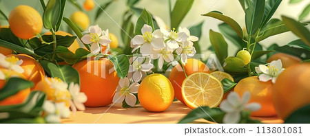 Vibrant citrus orchard in full bloom with ripe oranges and fresh flowers under sunlight 113801081