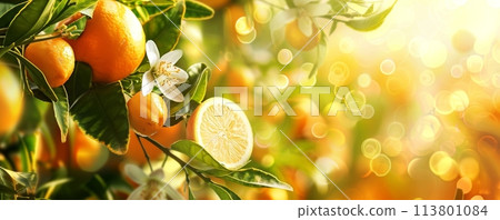 Bright Citrus Orchard in Full Bloom Featuring Ripe Oranges and Fragrant Blossoms 113801084