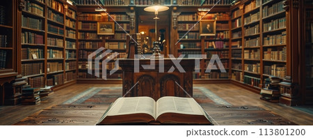 Elegant vintage library with book-laden shelves and an open antique book on desk 113801200
