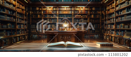 Elegant vintage library with open books and ornate woodwork, a haven for passionate readers and scholars 113801202