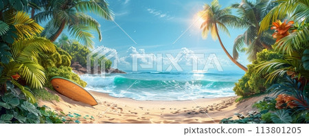 Idyllic tropical beach scene with lush greenery and a serene ocean view 113801205