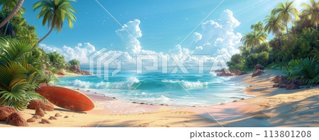Idyllic tropical beach with turquoise waters and lush greenery, featuring a surfboard on sandy shores 113801208