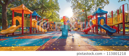 Colorful children's playground on a sunny day with vibrant slides and play equipment Colorful children's playground on a sunny day with vibrant slides and play equipment 113801218