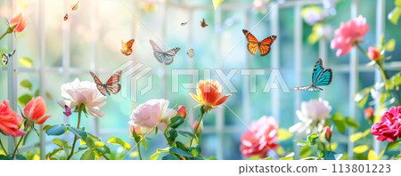 Colorful butterflies flying among vibrant roses in a sunlit garden 113801223