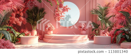 Elegant pink stage setup with lush floral and plant decoration for events 113801340