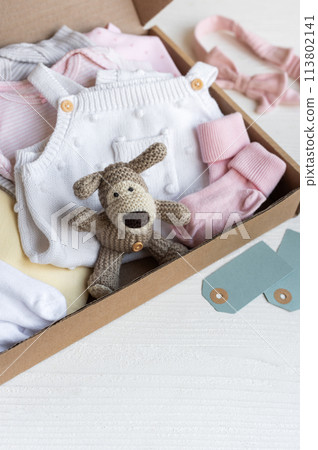 Baby and child clothes and knitted toys in carton box. 113802141