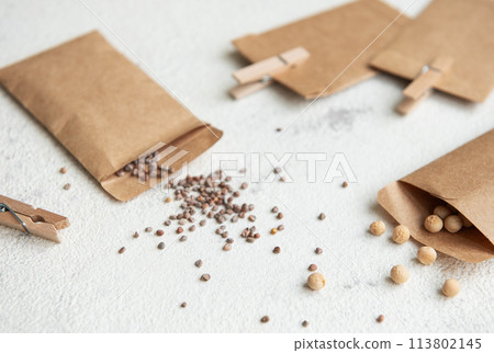 Paper bags with seeds for planting. Paper bags with seeds for planting. 113802145