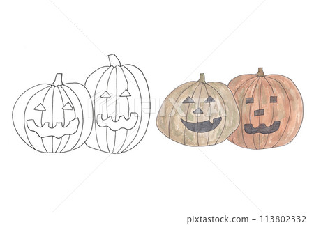 A set of Halloween pumpkin ghost illustrations (line drawings and brown) drawn with water-based pens and transparent watercolor paints 113802332