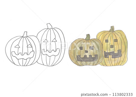 A set of Halloween pumpkin ghost illustrations (line drawings and orange-green) drawn with water-based pens and transparent watercolor paints 113802333