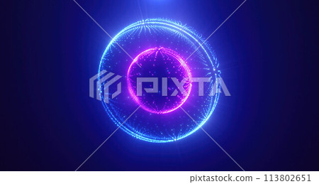 Blue purple energy magic circle sphere ball of futuristic waves and lines of particles of atom energy and electricity. Abstract background 113802651