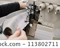 Cropped photo of woman's hands, sewing machine and sewing process in macro 113802711