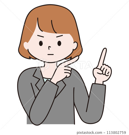 一位身穿西裝、表情嚴肅、指向右上角的女人的插圖-插 …