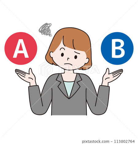 Illustration of a woman in a suit struggling with A and B 113802764