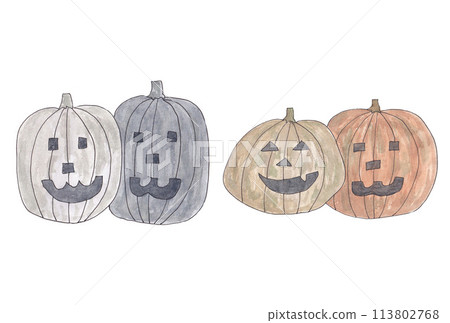 A set of Halloween pumpkin ghost illustrations (gray and brown) drawn with water-based pens and transparent watercolor paints 113802768