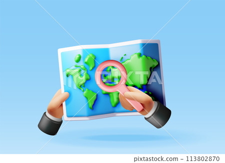 3D Location folded paper map with magnifying glass 113802870