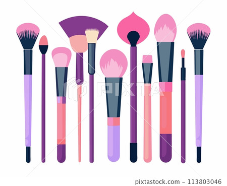 Pink make up brushes. Makeup brushes set on a white background. Vector illustration of makeup brushes. Pink make up brushes. Makeup brushes set on a white background. Vector illustration of makeup brushes. 113803046