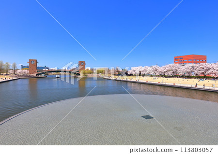 [Toyama Prefecture] Water bus and cherry blossoms in full bloom at Fugan Canal Kansui Park on a clear day 113803057
