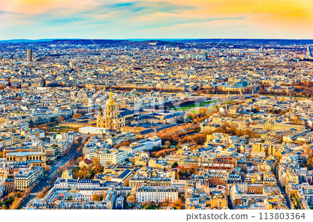 View from the Montparnasse tower on Paris in early spring. 113803364