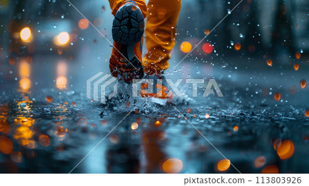 The feet of a runner running on a rainy road 113803926