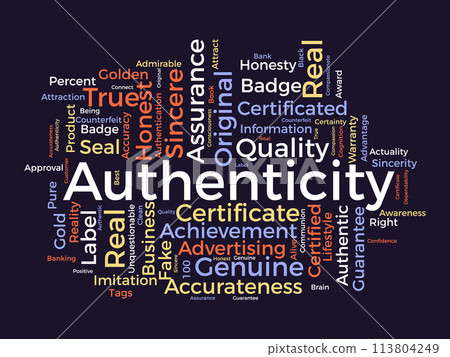 Authenticity word cloud template. Certified concept vector background. 113804249