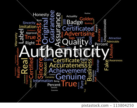 Authenticity word cloud template. Certified concept vector background. 113804250