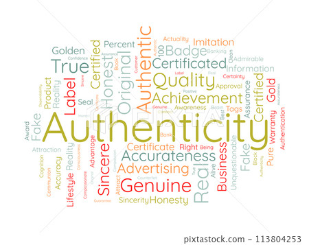 Authenticity word cloud template. Certified concept vector background. 113804253