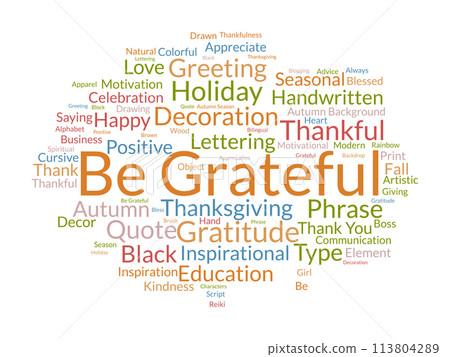 Be Grateful word cloud template. Gratitude concept vector background. Be Grateful word cloud template. Gratitude concept vector background. 113804289