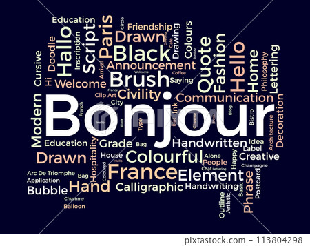 Bonjour word cloud template. Greeting concept vector background. Bonjour word cloud template. Greeting concept vector background. 113804298