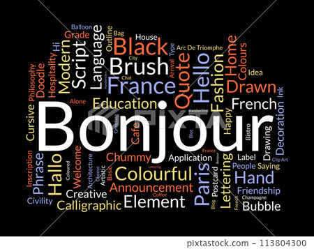 Bonjour word cloud template. Greeting concept vector background. Bonjour word cloud template. Greeting concept vector background. 113804300