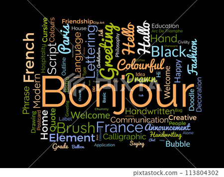 Bonjour word cloud template. Greeting concept vector background. Bonjour word cloud template. Greeting concept vector background. 113804302