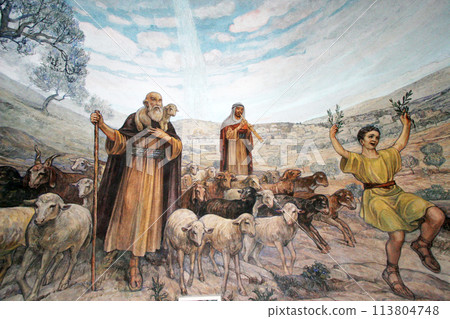 A mural in the Church of the Shepherds` Field near Bethlehem, depicting shepherds rejoicing when angels told them that Jesus Christ was born in this place A mural in the Church of the Shepherds` Field near Bethlehem, depicting shepherds rejoicing when angels told them that Jesus Christ was born in this place 113804748