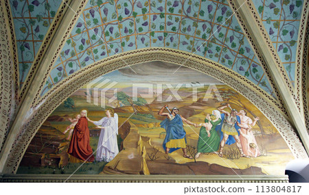 Elizabeth hiding her son during the Massacre of the Innocents, fresco in the Franciscan church of the Visitation in Ein Karem, Jerusalem, Israel 113804817