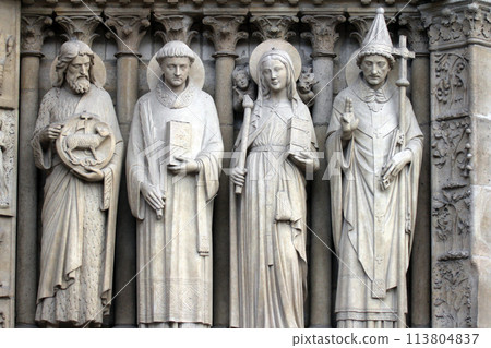 Saints John the Baptist, Stephen, Genevieve and Pope Saint Sylvester, Notre-Dame cathedral, central portal, Paris 113804837