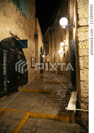 View of night street in old city Jaffa, Israel 113804995