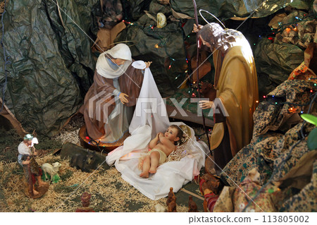 Christmas nativity scene in the church above Peter's house in Capernaum on the Sea of Galilee, Israel Christmas nativity scene in the church above Peter's house in Capernaum on the Sea of Galilee, Israel 113805002