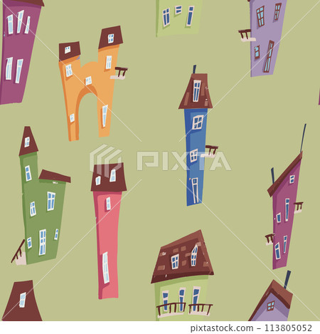 Seamless pattern of colorful houses cartoon style 113805052