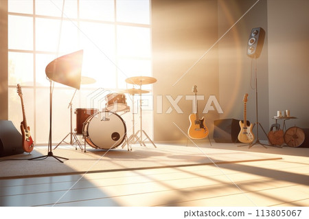 A Membranophone drum set and a guitar are in the room A Membranophone drum set and a guitar are in the room 113805067