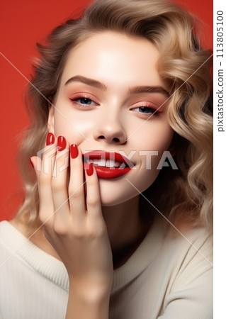 Beautiful young model with red lips Beautiful young model with red lips 113805100