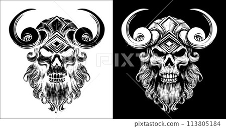 Viking Warrior Skull Man Mascot Face in Helmet 113805184