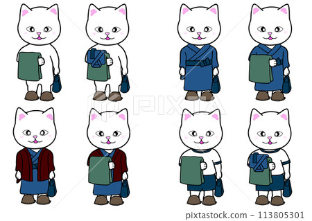 A cat in a blue yukata walking around the large public bath 113805301