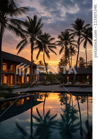 Residential building with a pool and palm trees 113805346